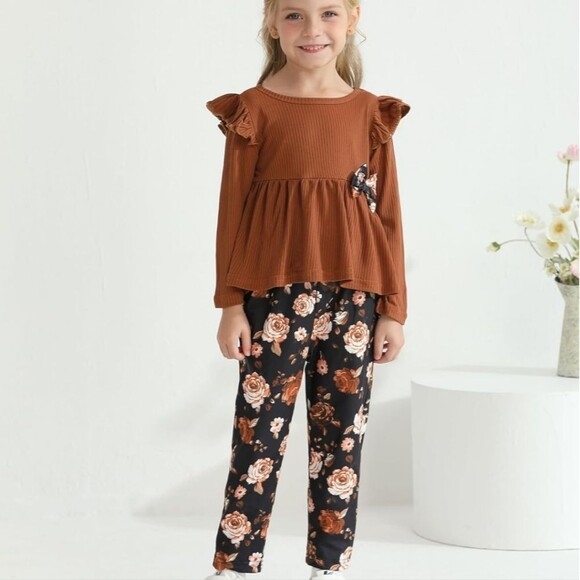 Sanmio Size 4-5Y Brown Floral Ruffle Longsleeve Outfit - Picture 5 of 5